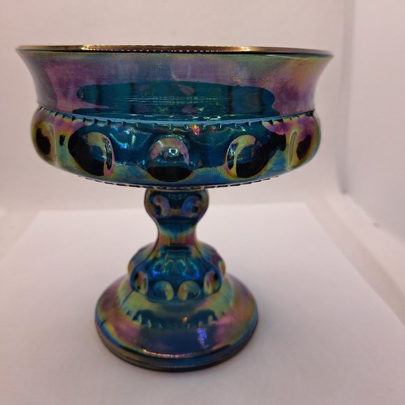Vintage Carnival Glass Kings Crown Thumbprint Blue Iridescent Indiana Compote - Picture 3 of 11
